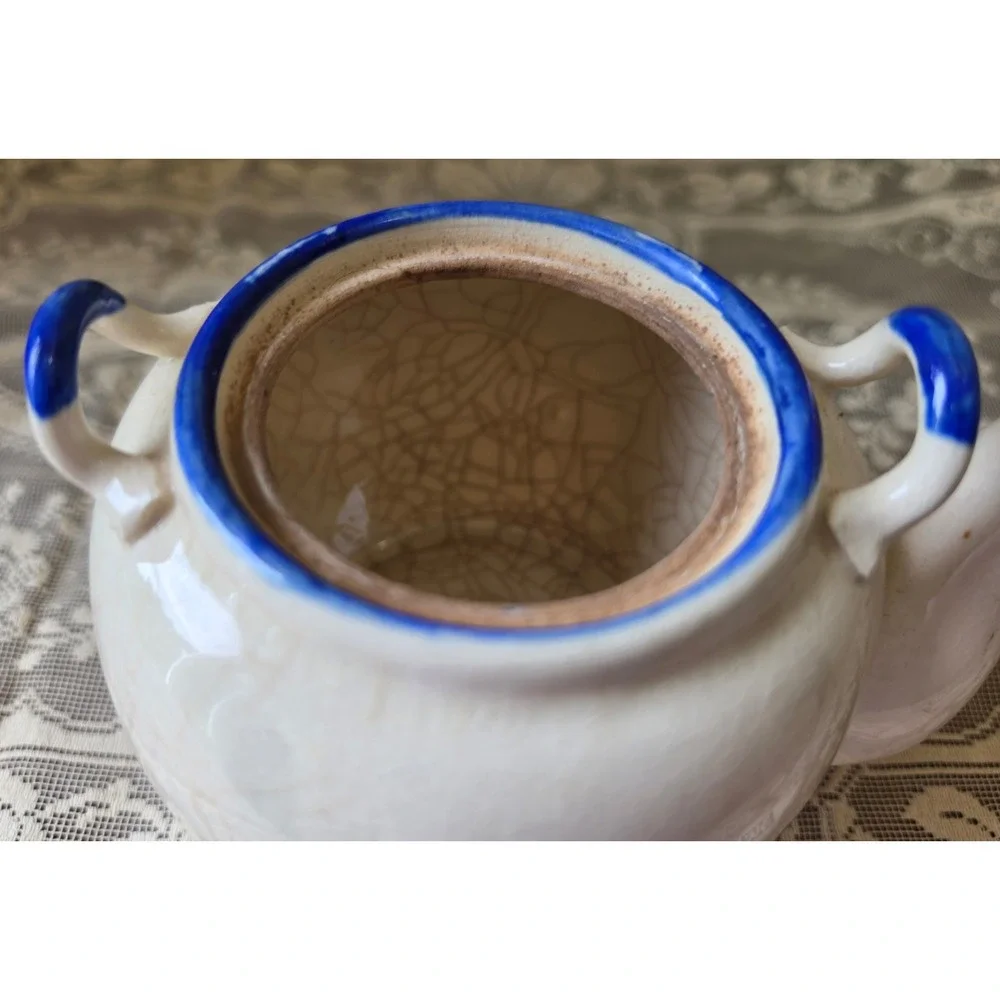 Vtg Made in Japan Hand Painted Flower Tea Pot Blue Red Floral Crazing Glaze
